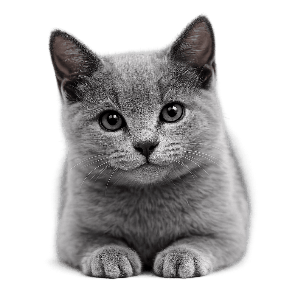 Gray kitten with green eyes on a transparent background