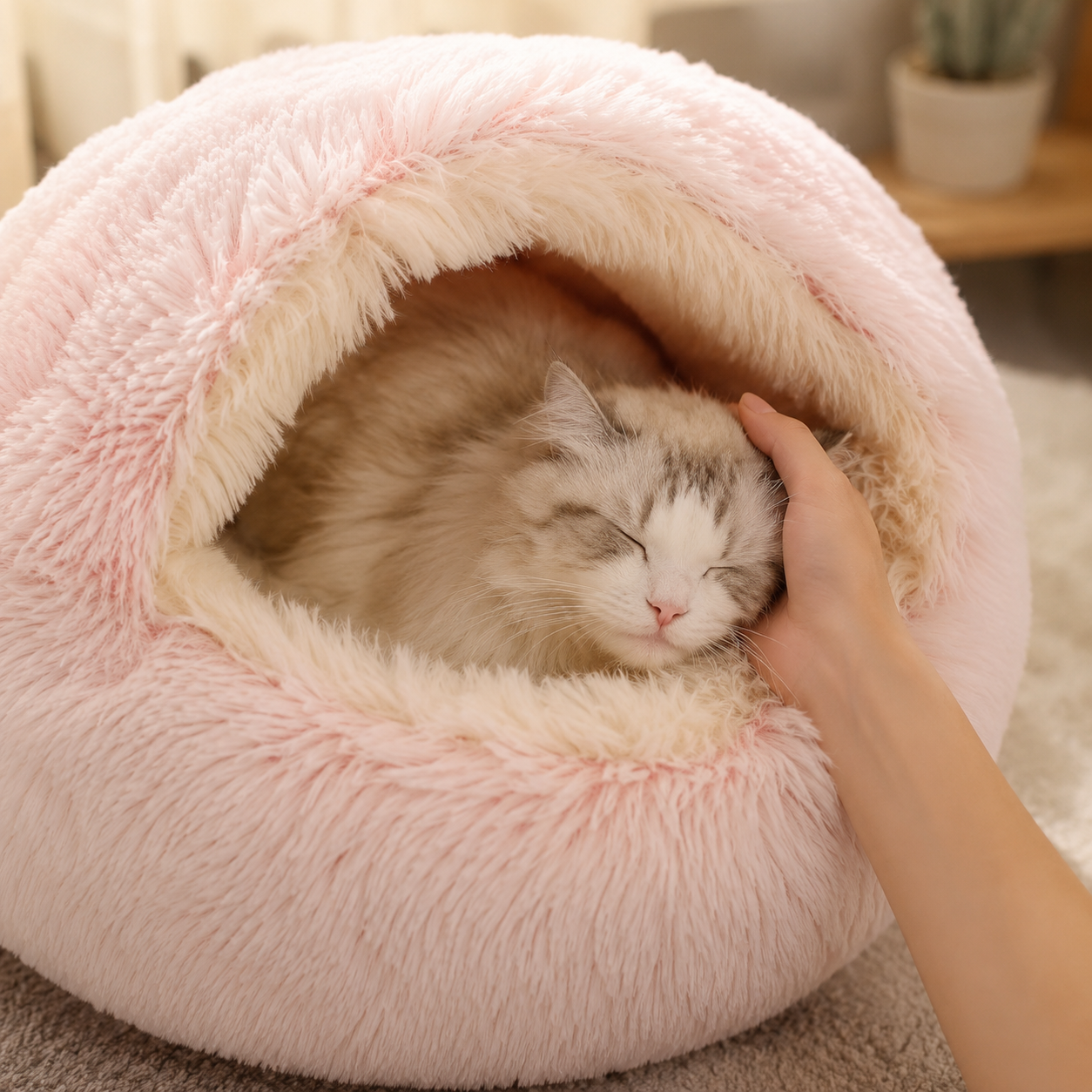 2-in-1 Plush Hooded Pet Bed
