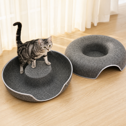 Donut Cat Tunnel Bed — Natural Wool Felt Cave, Tunnel & Play House