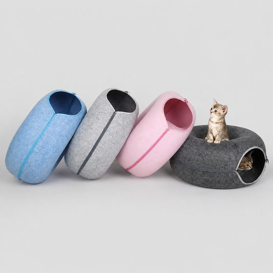 Donut Cat Tunnel Bed — Natural Wool Felt Cave, Tunnel & Play House